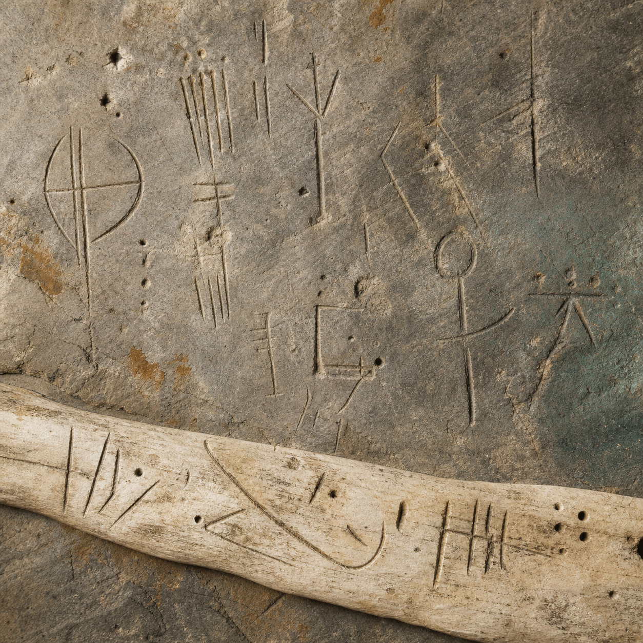 Abstract carved marks on stone and bone-like surfaces
